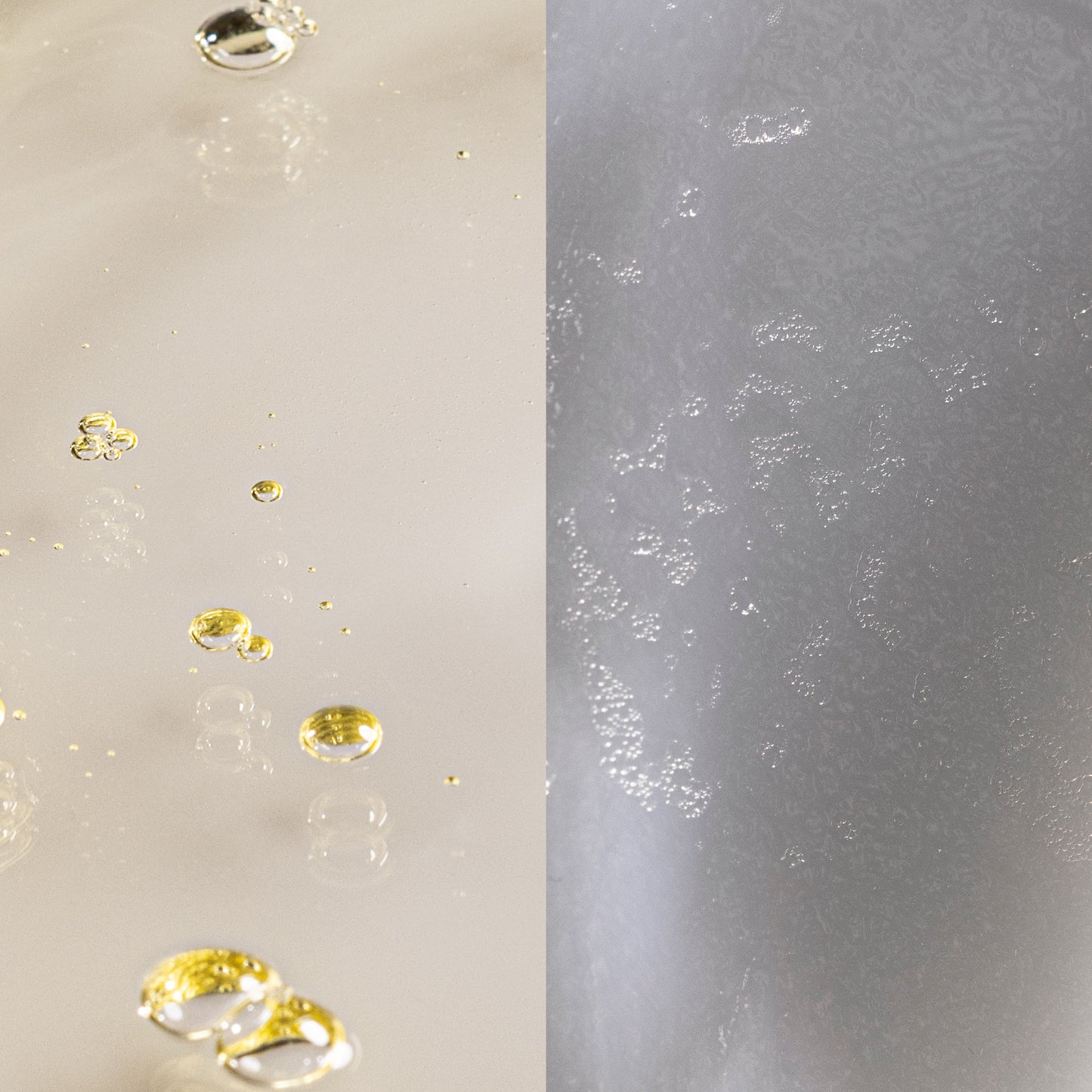 Close-up of a translucent frosted surface with a split view: left side shows small clear droplets with yellow-gold highlights on a pale warm background, right side shows the frosted texture in soft gray light.