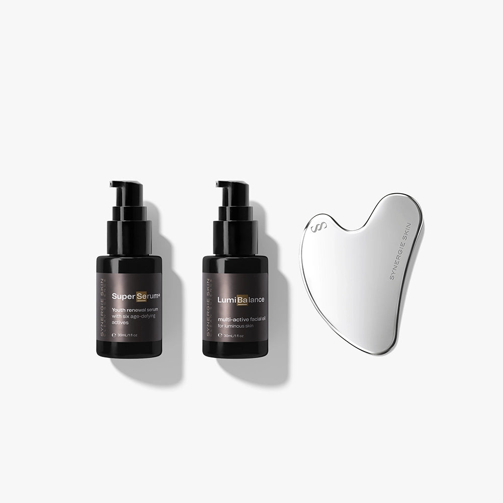 SuperSerum+ (30mL), LumiBalance (30mL), SynSculpt Gua Sha