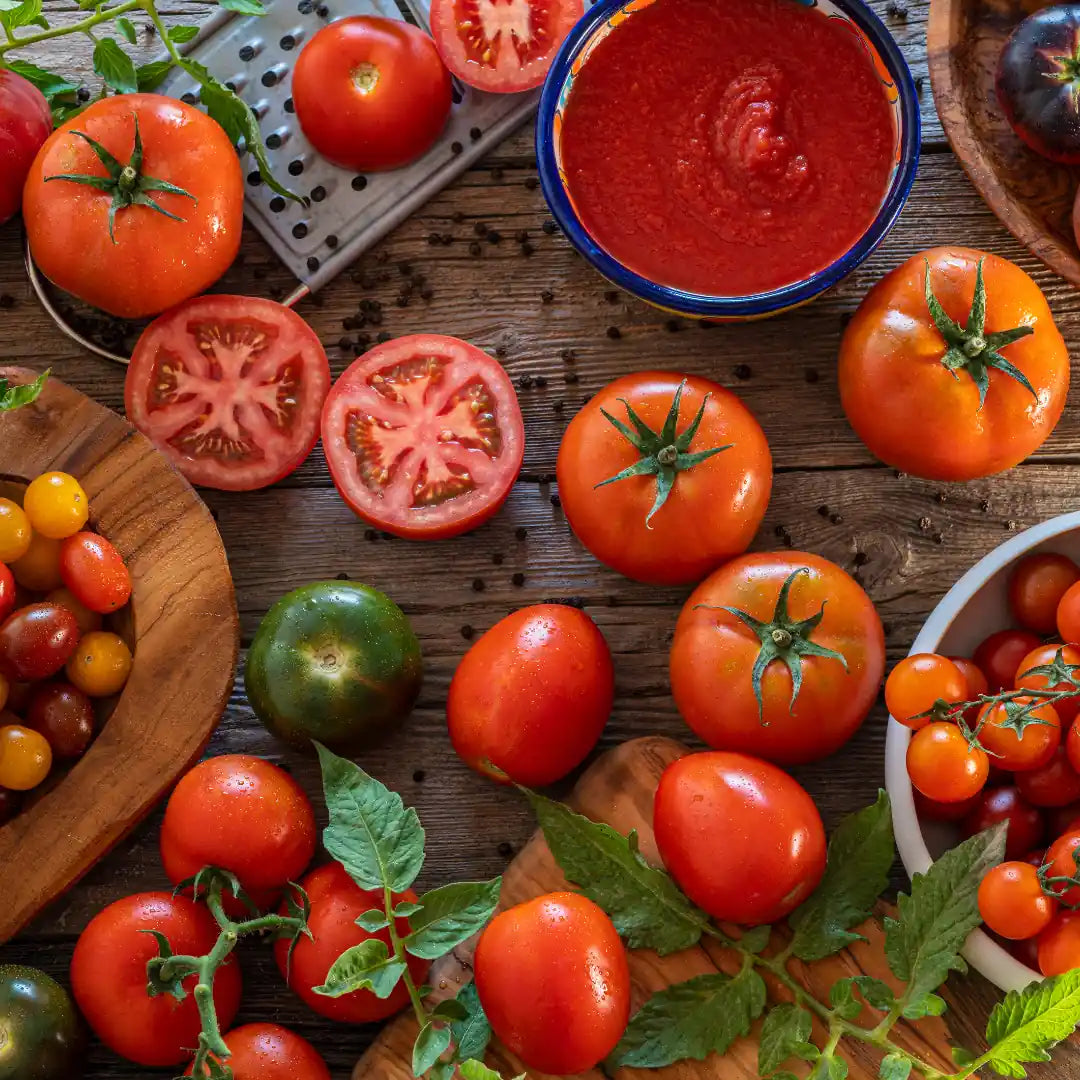 An array of tomatoes on a chopping board.