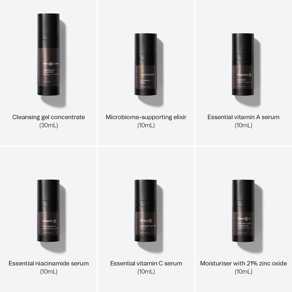 · Cleansing gel concentrate (30mL)
· Microbiome-supporting elixir (10mL)
· Essential vitamin A serum (10mL)
· Essential niacinamide serum (10mL)
· Essential vitamin C serum (10mL)
· Moisturiser with 21% zinc oxide (10mL)