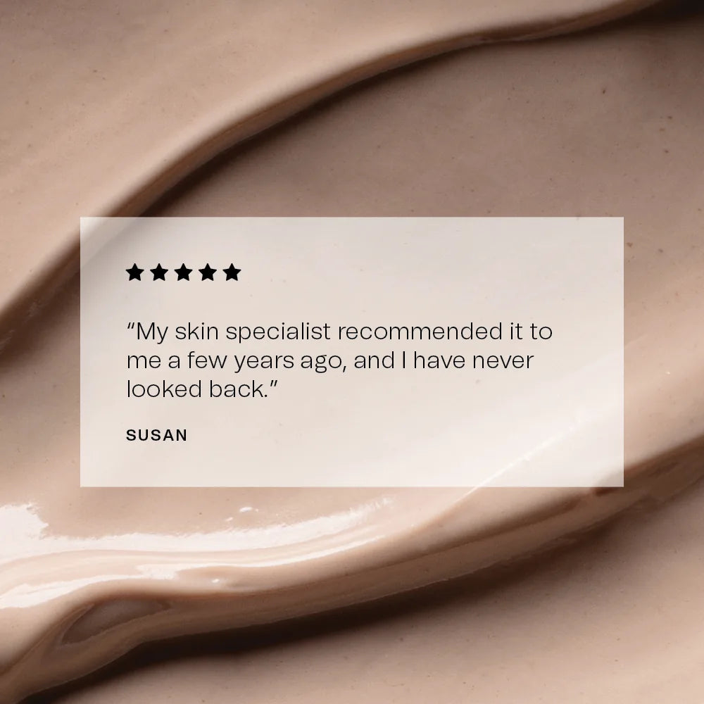 Product swatch with a five-star rating and customer review on a brown background
