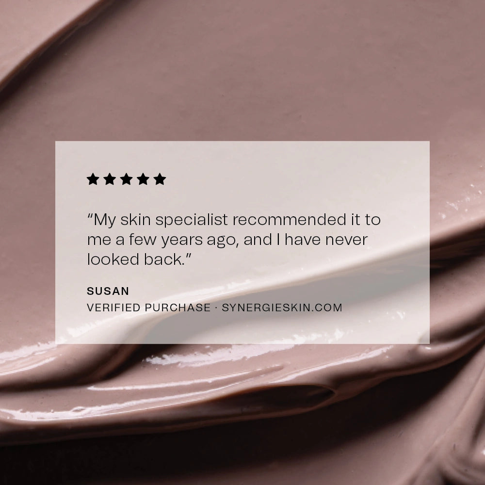 Product swatch with a five-star rating and customer review on a brown background
