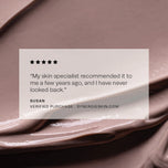 Product swatch with a five-star rating and customer review on a brown background