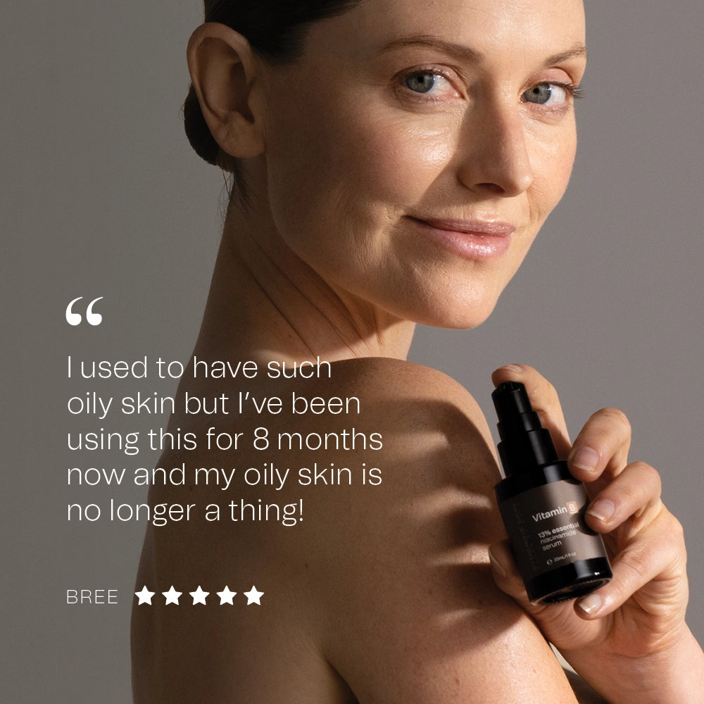 Bree giving a 5 star review saying "I used to have such oily skin but I've been using this for 8 months now and my oily skin is no longer a thing!"
